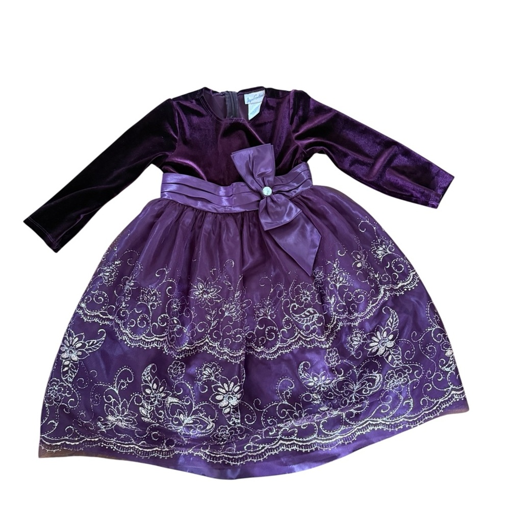 3/$30 Girls Elegant Purple Long Sleeve Dress with Bow Size 5